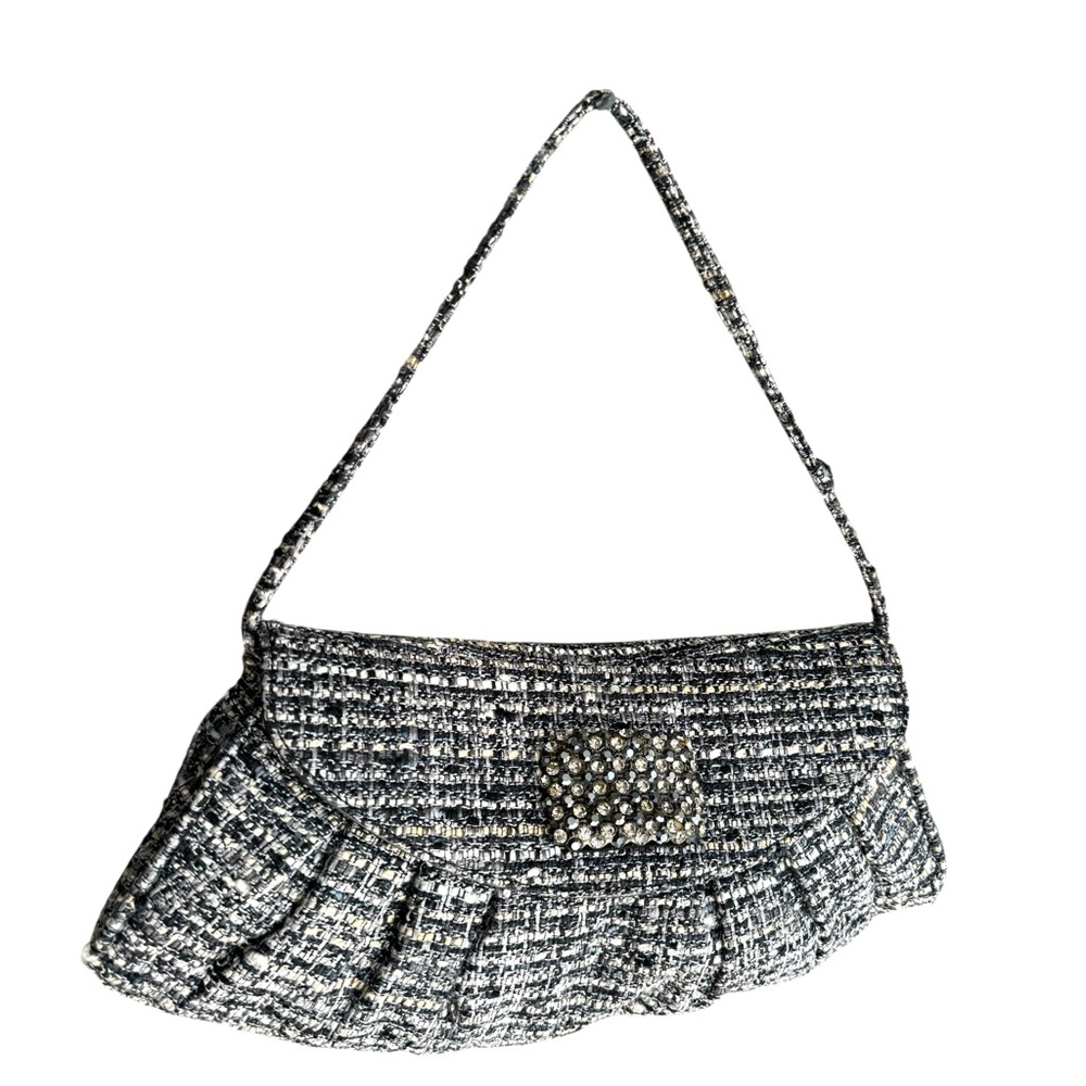 NEW Stuart Weitzman Tweed Rhinestone Flap Bag Grey Small Shoulder Bag Clutch - Picture 4 of 15
